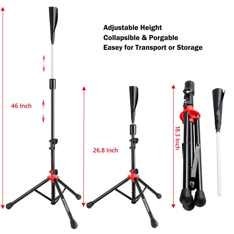 Storgem Batting Baseball tee Softball, Easy to Adjustable Height,Portable Tripod Stand Base Tee for Hitting Training Practice,with Carrying Bag (Black Red Pro) - Image 5